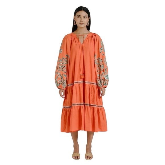 Ollari New York Oversized Boho Cotton Sasha Dress in Color: Flame/Cloud. Size XS - Picture 1 of 16